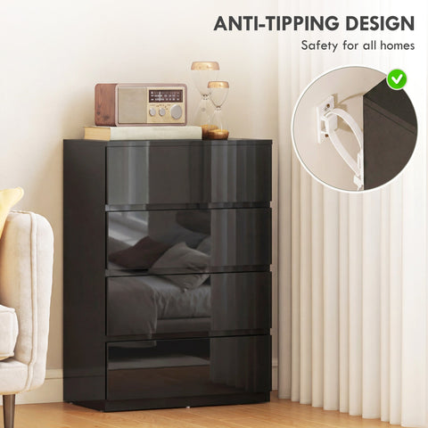 Homcom chest of drawers with black glossy finish four drawers particle board and anti-tipping design for bedroom storage