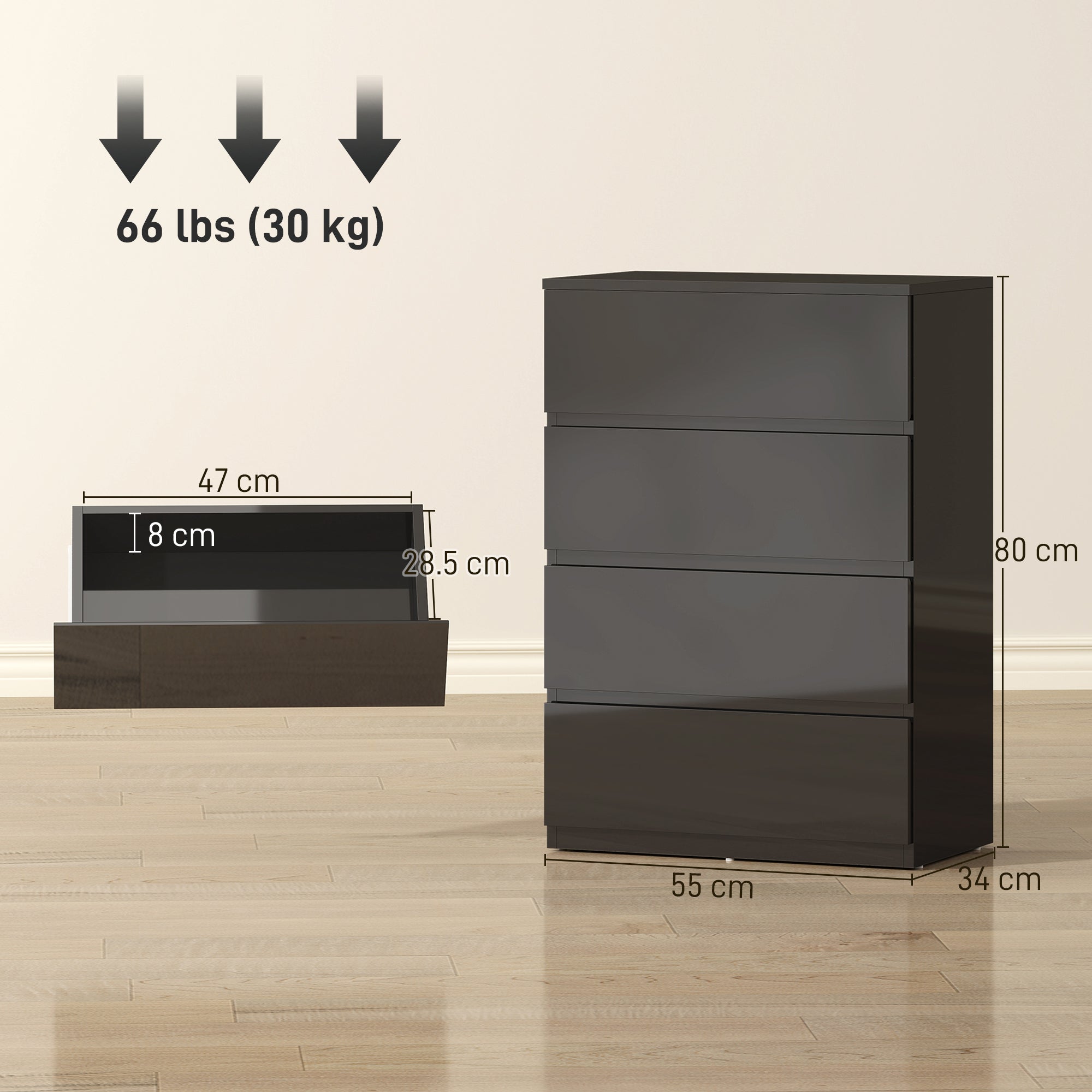 Homcom chest of drawers with glossy black finish four drawers and sleek handle-less modern design for bedroom storage