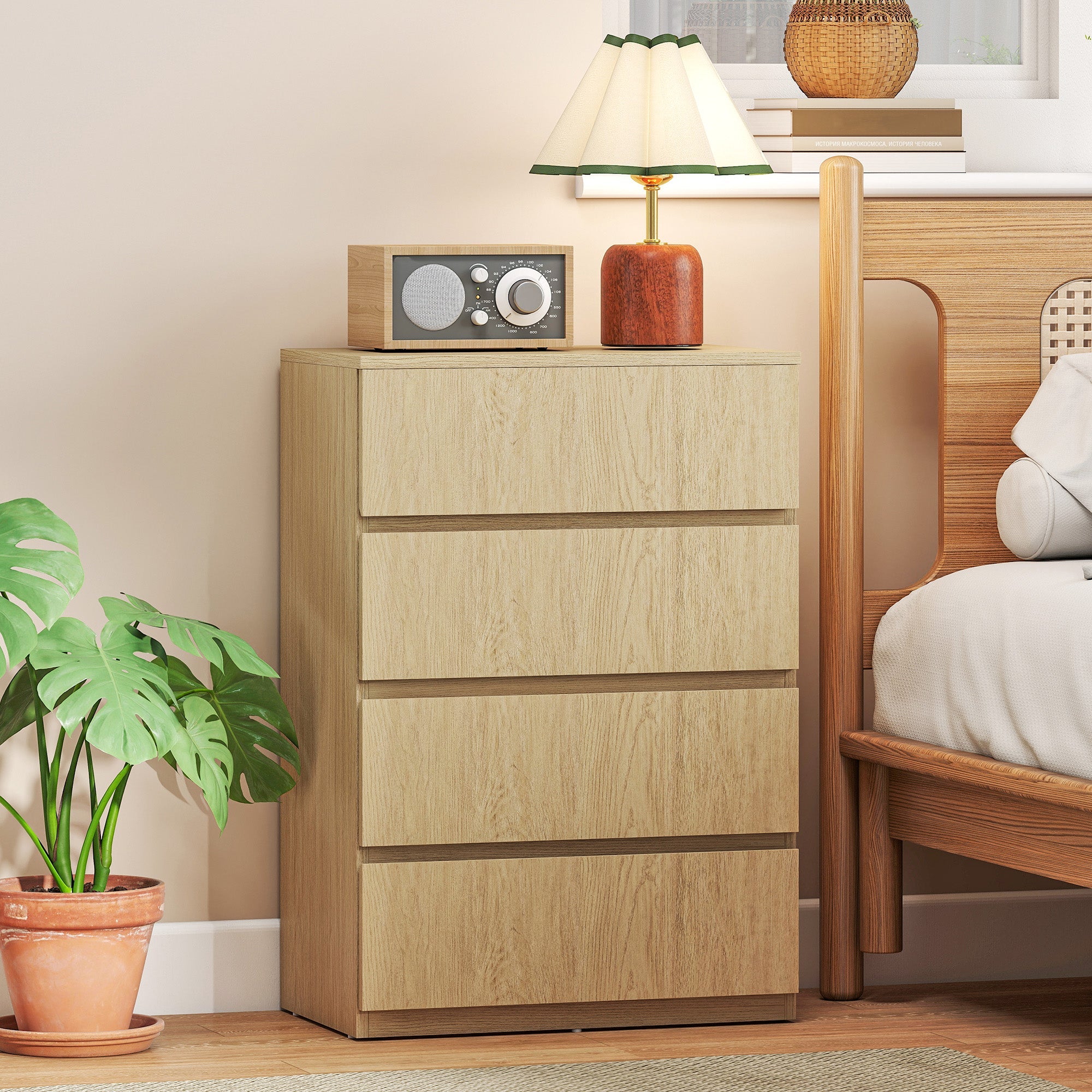 Beige wood-grain finish homcom chest with four drawers and handle-less design perfect for modern bedroom storage