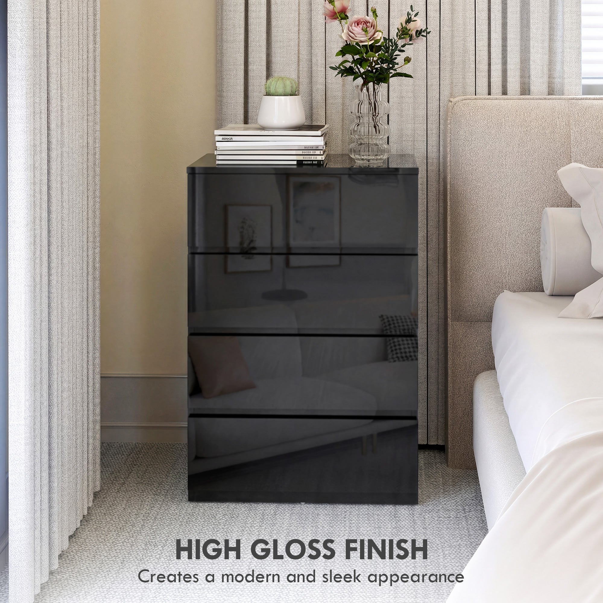 Homcom chest nightstand with black high-gloss finish four drawers and sleek handle-less design for bedroom storage