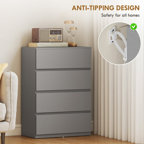 Gray homcom chest with four drawers made of particle board featuring a sleek modern design and anti-tipping safety