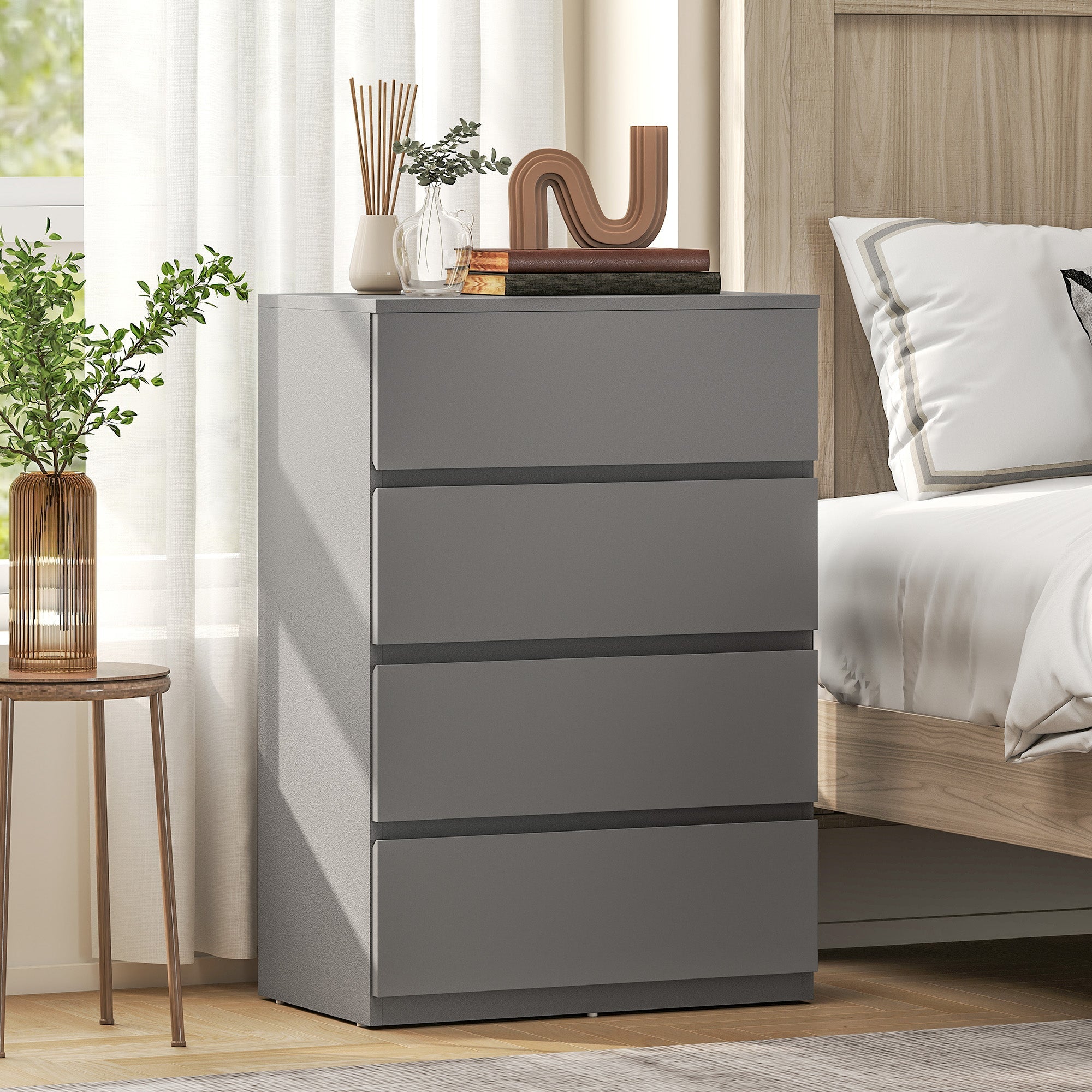 Modern gray homcom chest with four drawers made of particle board in a sleek minimalist design for bedroom storage