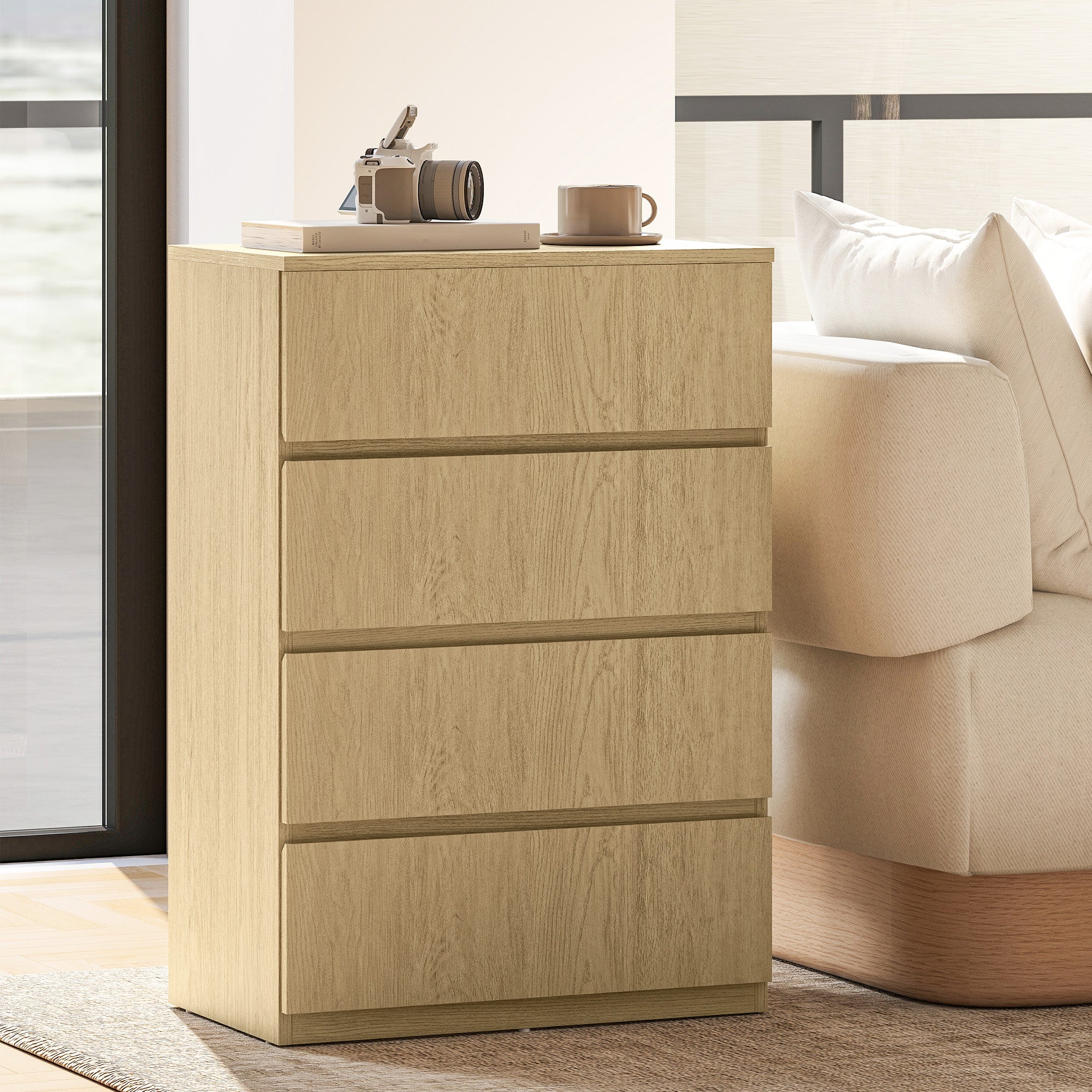 Beige wood-grain homcom chest with four drawers and minimalist handle-less design for bedroom storage