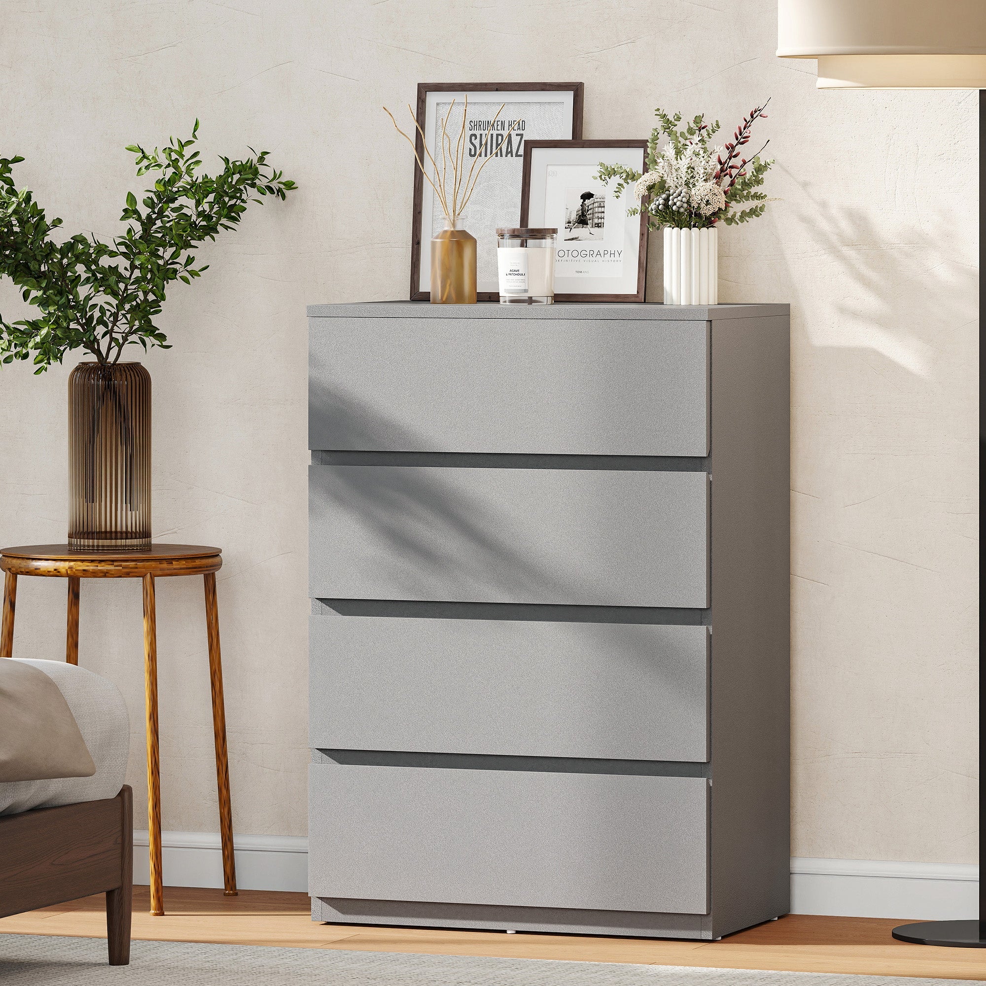 Homcom chest of drawers with four drawers in gray particle board offering modern bedroom storage
