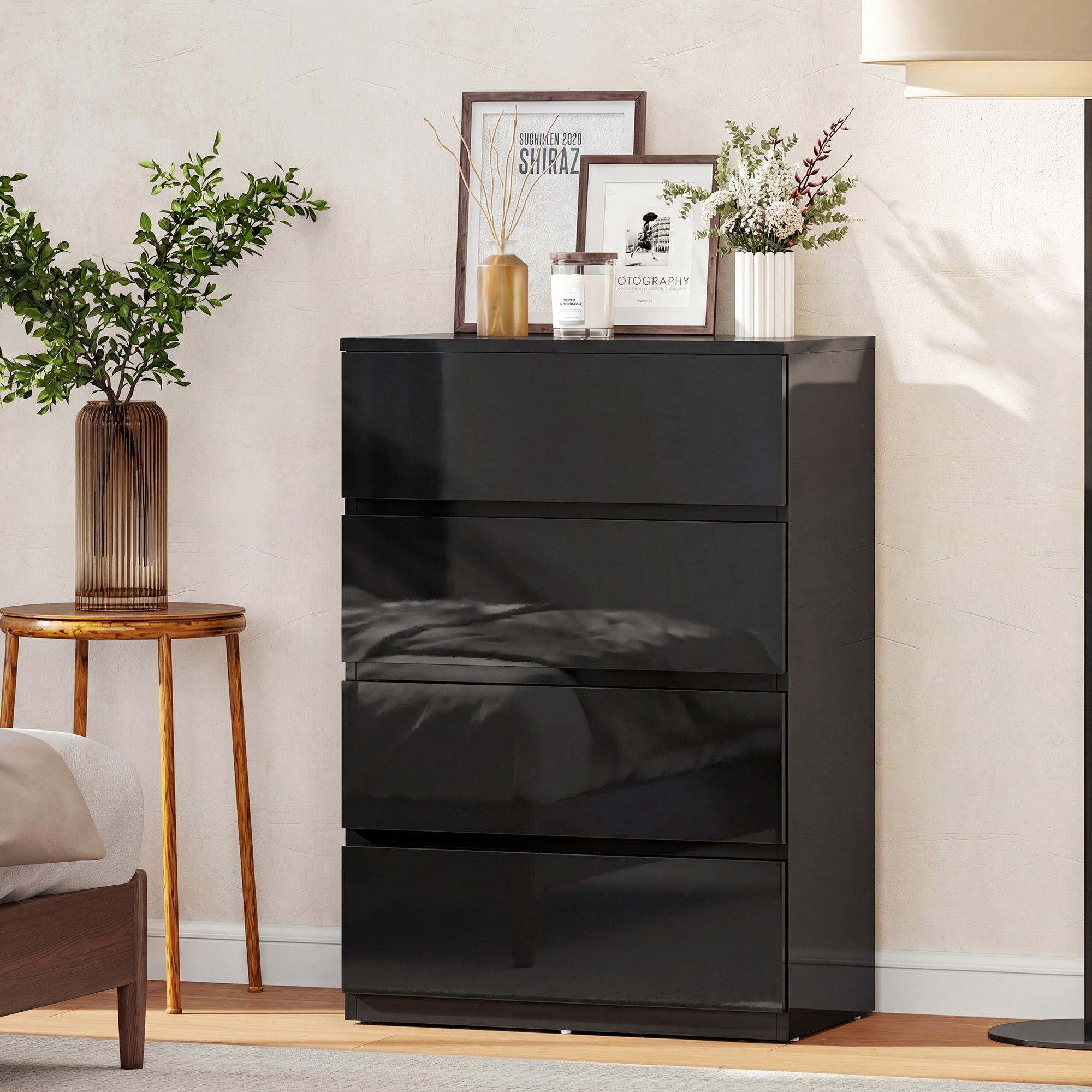 Homcom chest of drawers with four drawers in black glossy finish and sleek handle-less design for bedroom storage