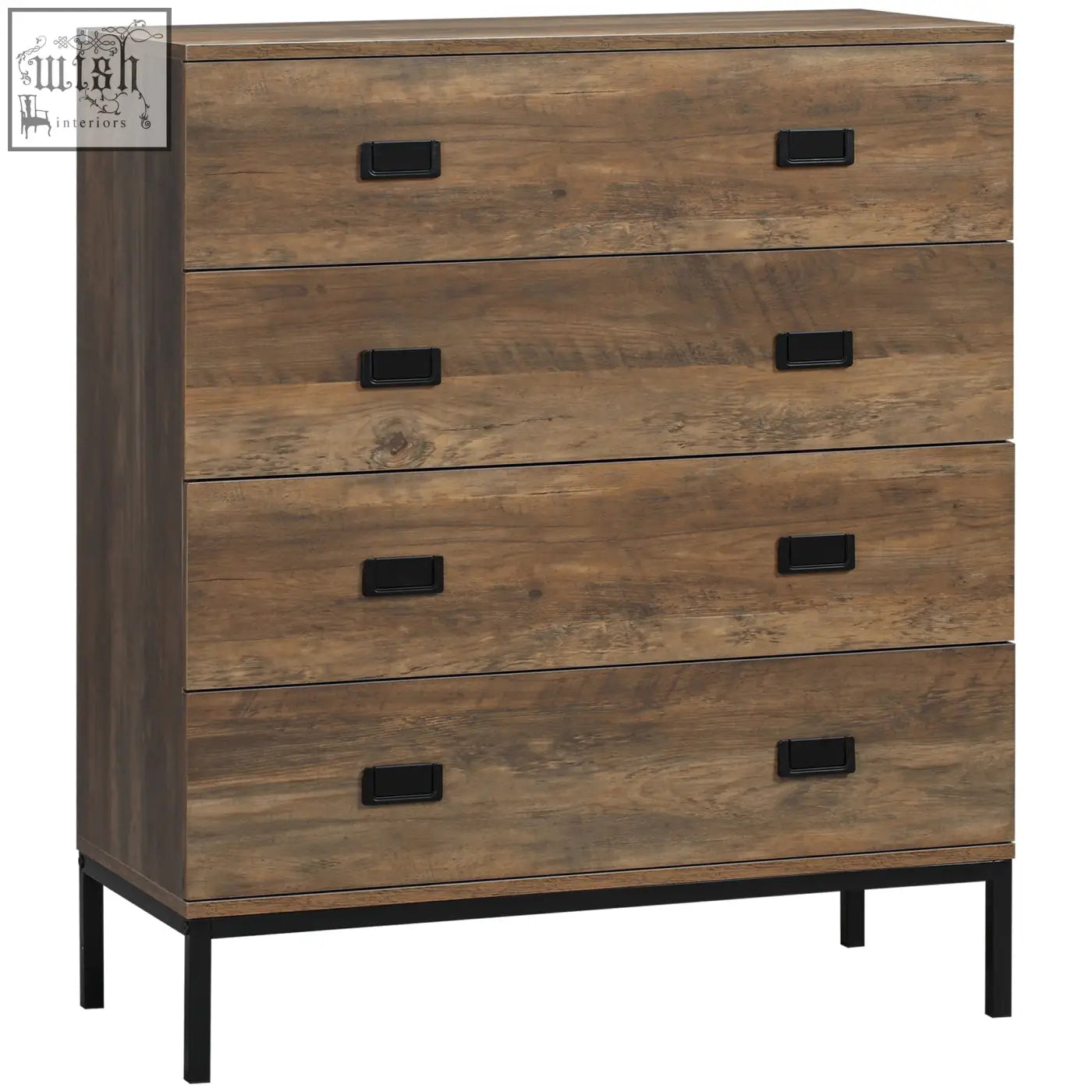 Brown homcom chest of drawers with four particle board drawers, black handles, anti-tipping straps, and close easily design