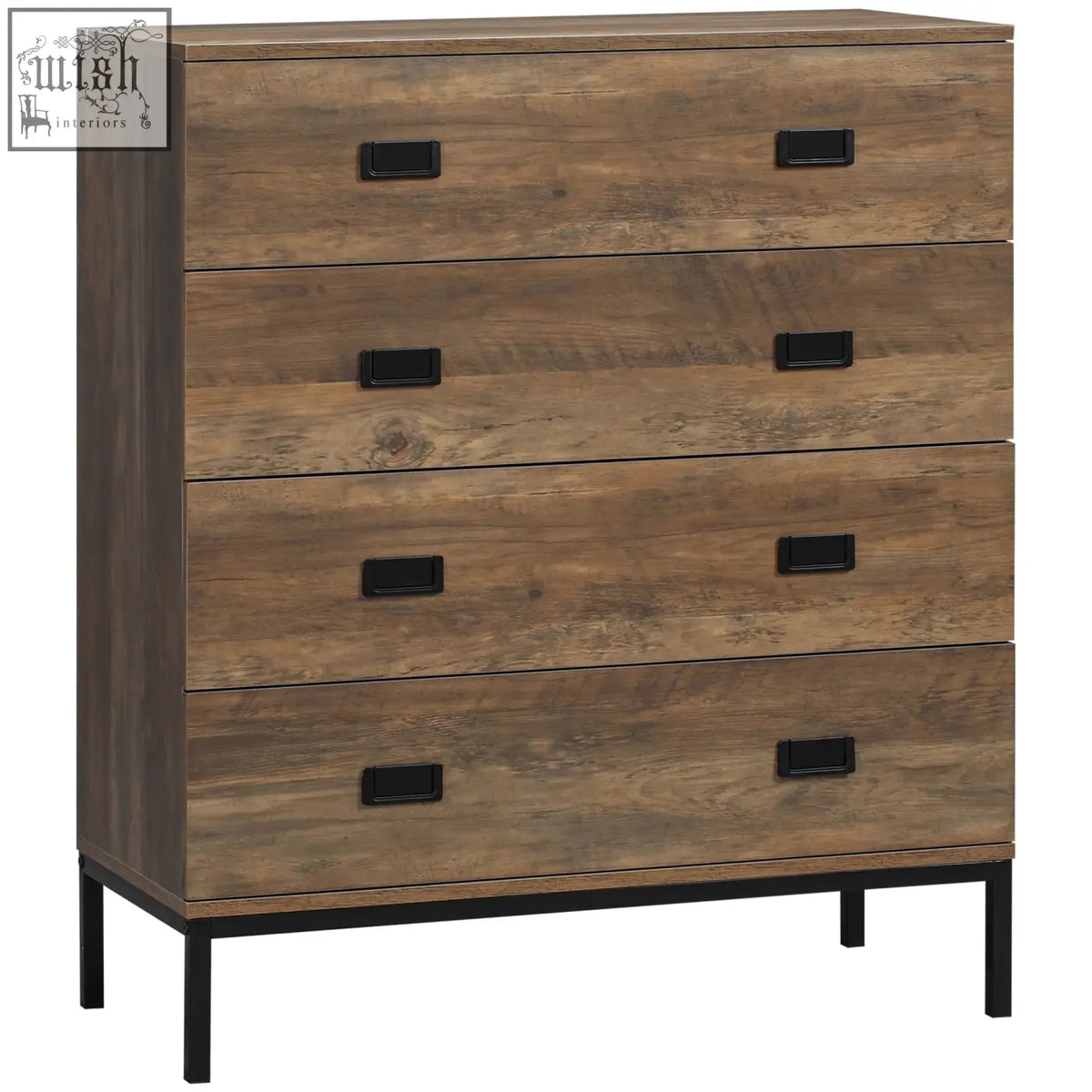 Brown homcom chest of drawers with four particle board drawers, black handles, anti-tipping straps, and close easily design