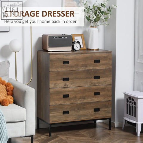 Brown wood particle board HOMCOM chest of drawers with black metal pulls legs and anti-tipping straps for bedroom storage