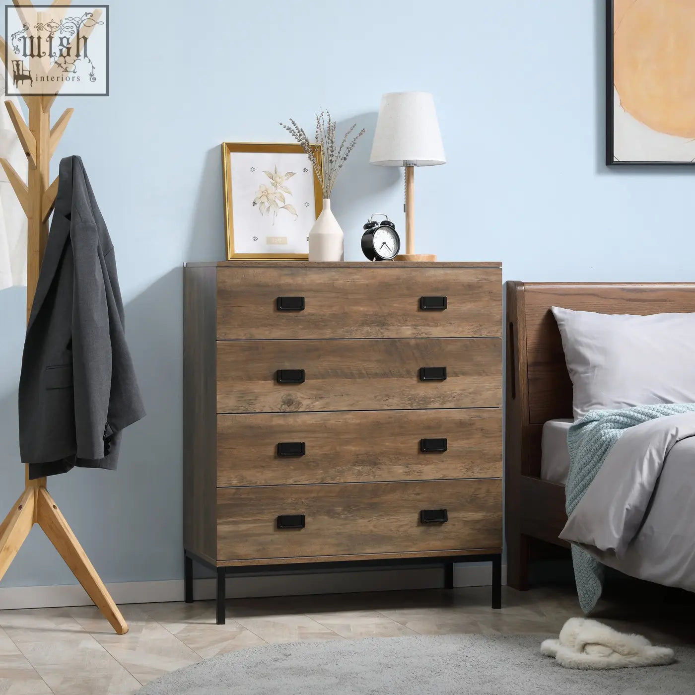 Rustic brown homcom chest of drawers with four particle board drawers black metal handles and anti-tipping straps
