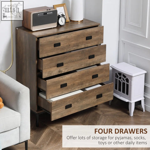 Rustic brown homcom chest of drawers with four particle board drawers, black handles, metal frame, and anti-tipping straps