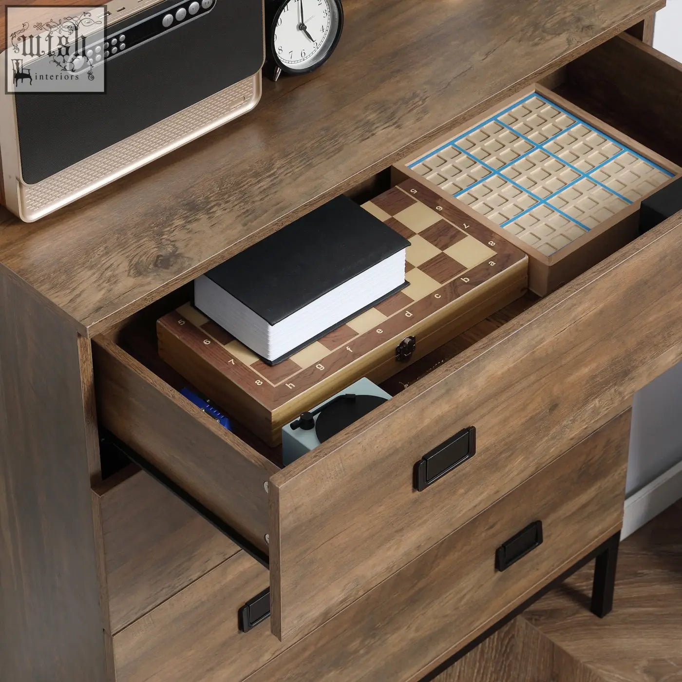 Brown wooden HOMCOM chest of drawers with black metal handles particle board and anti-tipping straps open drawer chessboard inside