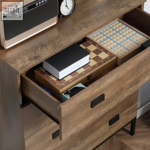 Brown wooden HOMCOM chest of drawers with black metal handles particle board and anti-tipping straps open drawer chessboard inside