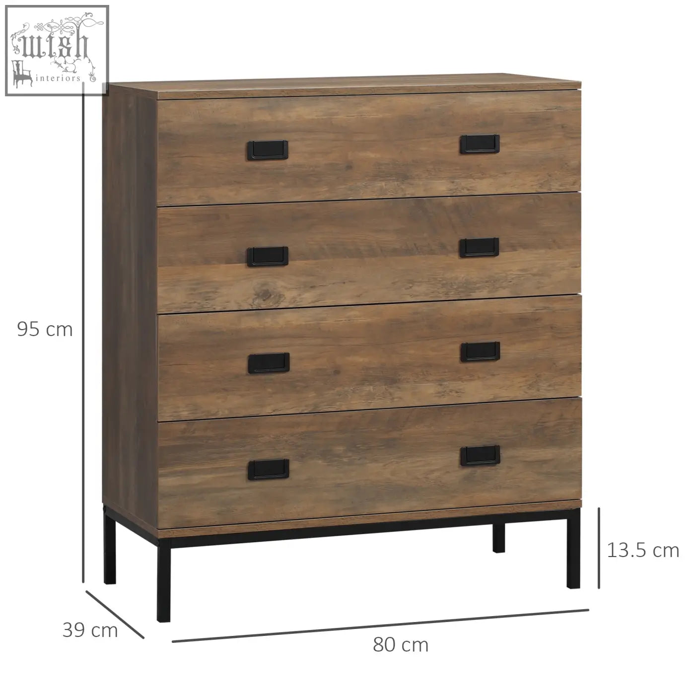 Rustic brown homcom chest of drawers with four particle board drawers, black metal handles, and anti-tipping straps