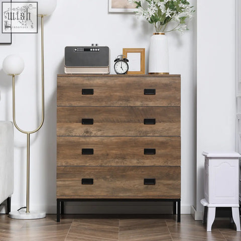 Rustic brown homcom chest of drawers with four particle board drawers close easily and has anti-tipping straps