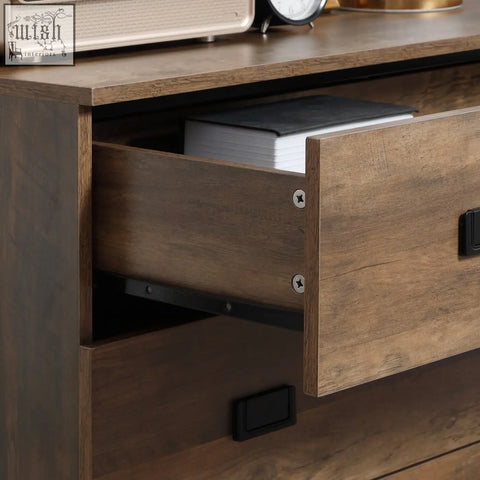 Brown particle board homcom chest of drawers with black pulls and visible book inside open drawer designed to close easily with anti-tipping straps