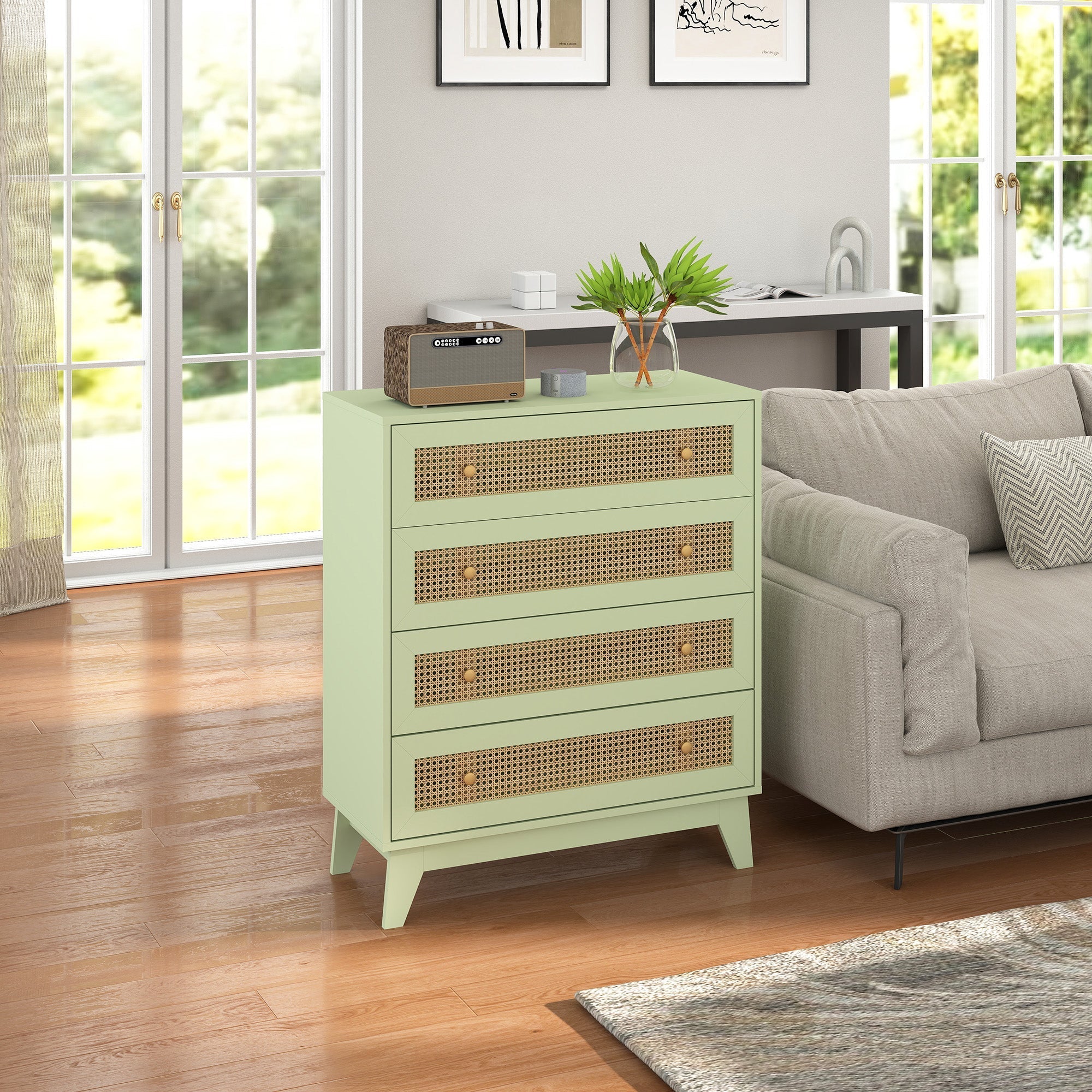 Mint green homcom chest of drawers with woven cane fronts particle board construction and anti-tipping straps for safety