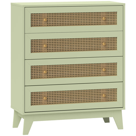 Mint green homcom chest of drawers with four particle board drawers woven cane panels brass knobs and anti tipping straps