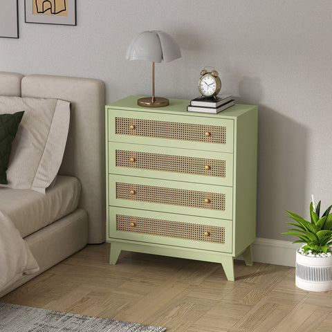 Mint green homcom chest of drawers with four drawers, woven cane fronts, brass knobs, and particle board frame for storage