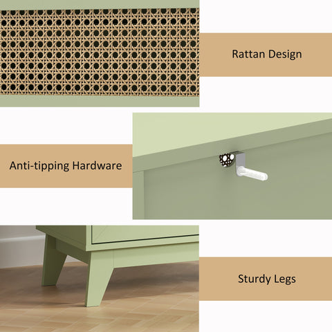 Light green homcom chest of drawers with rattan design, particle board construction, sturdy legs, and anti-tipping straps