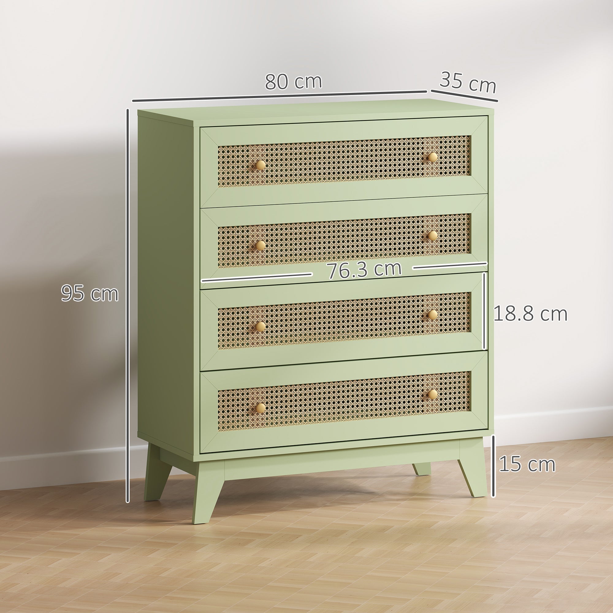 Mint green homcom chest of drawers with four drawers woven cane fronts brass knobs particle board for bedroom use