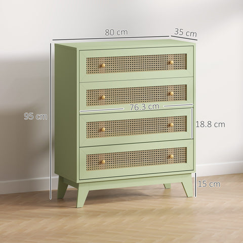 Mint green homcom chest of drawers with four drawers woven cane fronts brass knobs particle board for bedroom use