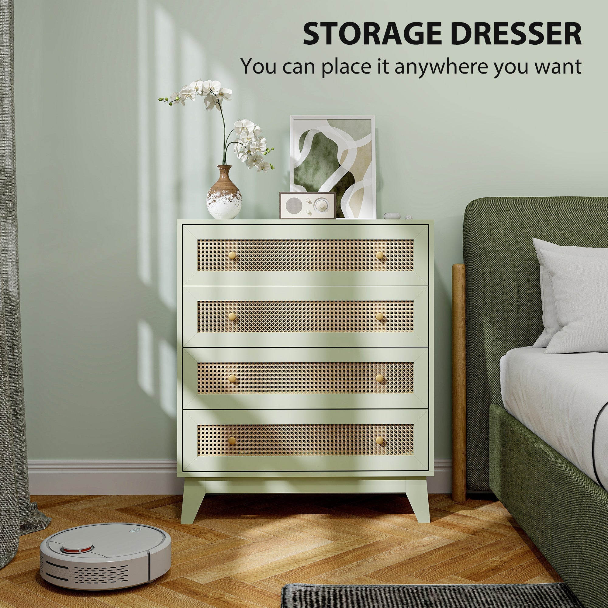 Homcom chest of drawers with four drawers and woven rattan fronts in light green particle board for bedroom storage
