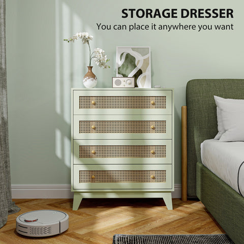Homcom chest of drawers with four drawers and woven rattan fronts in light green particle board for bedroom storage