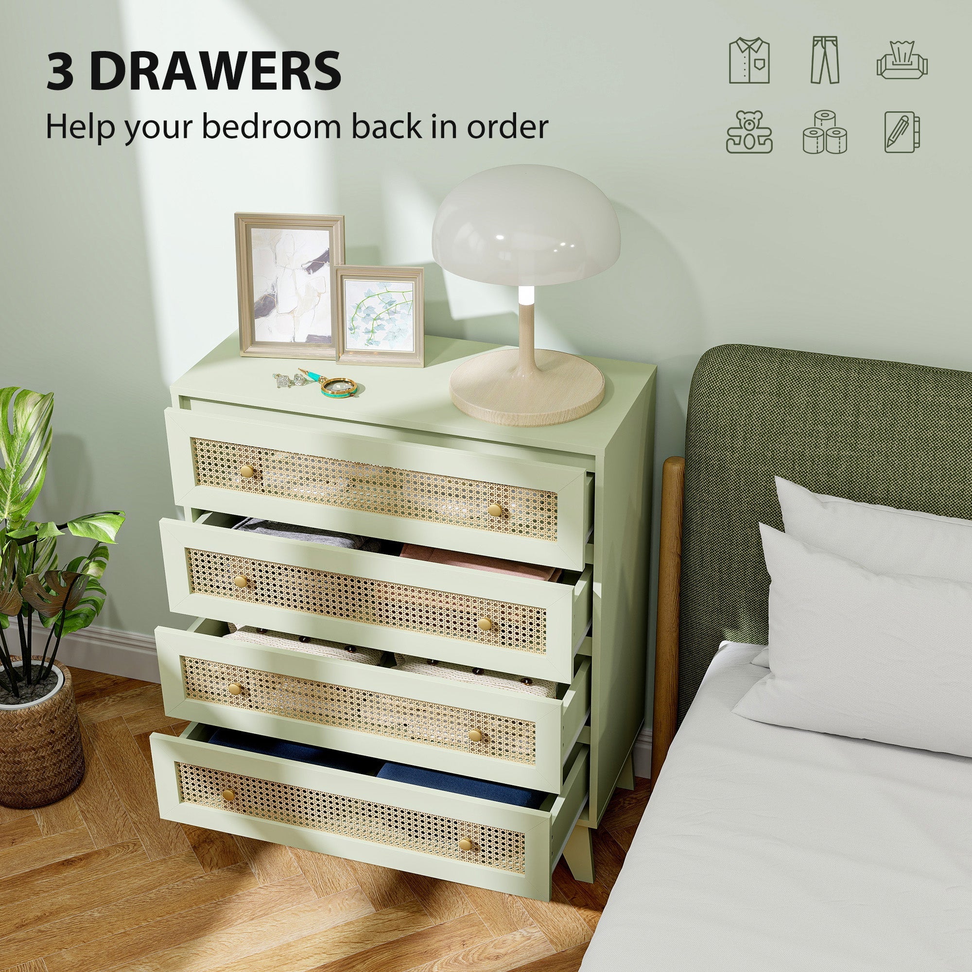 Homcom light green chest of drawers with four woven cane fronts and brass handles made from particle board