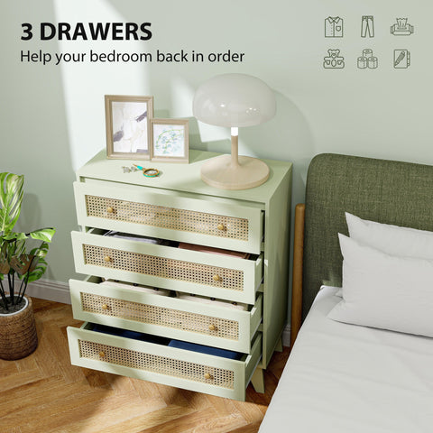 Homcom light green chest of drawers with four woven cane fronts and brass handles made from particle board