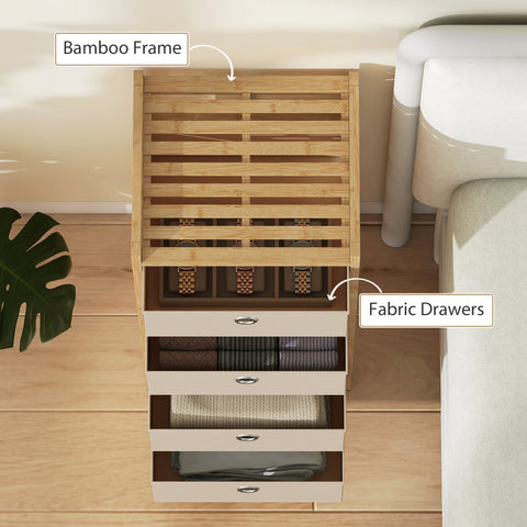 Homcom chest of drawers with four fabric drawers and cream white bamboo frame for narrow storage unit