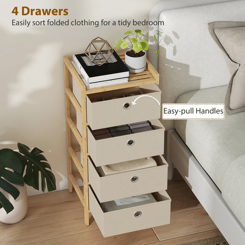 Homcom chest of drawers with four beige fabric drawers in a light bamboo frame for narrow space storage