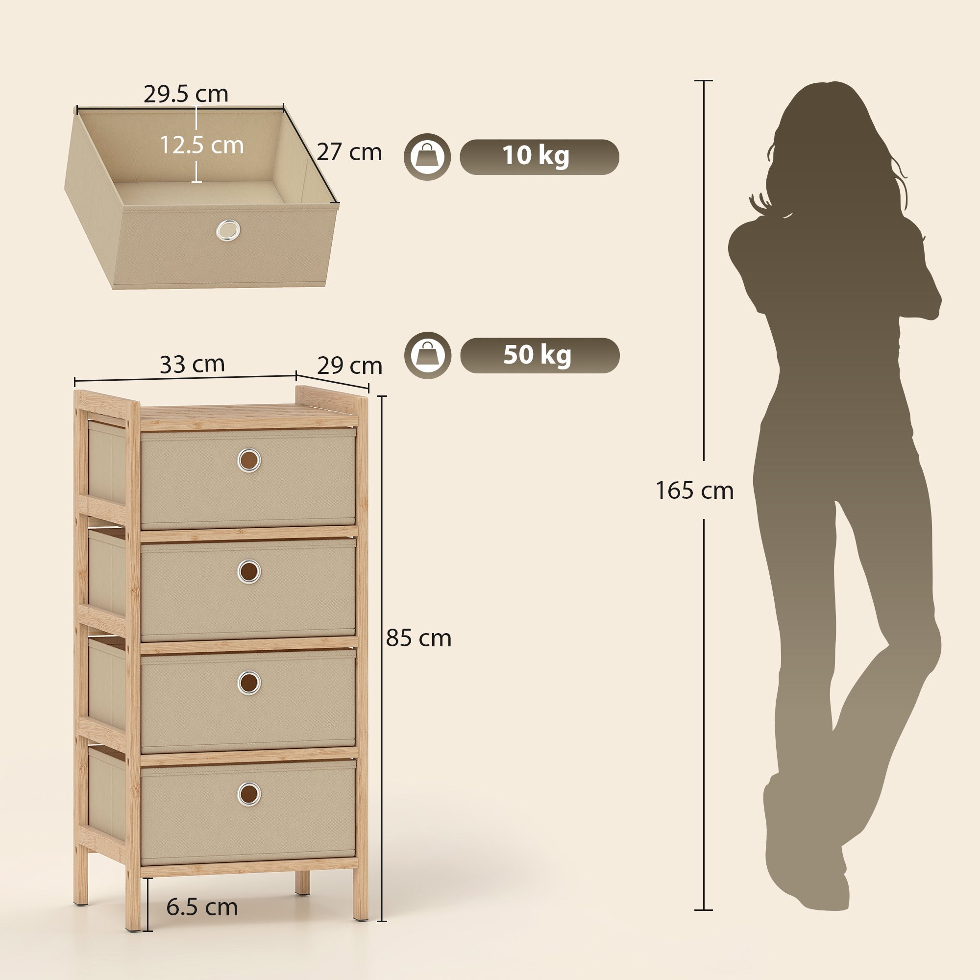 Homcom chest of drawers with four fabric drawers and bamboo frame in cream white with circular metal pulls