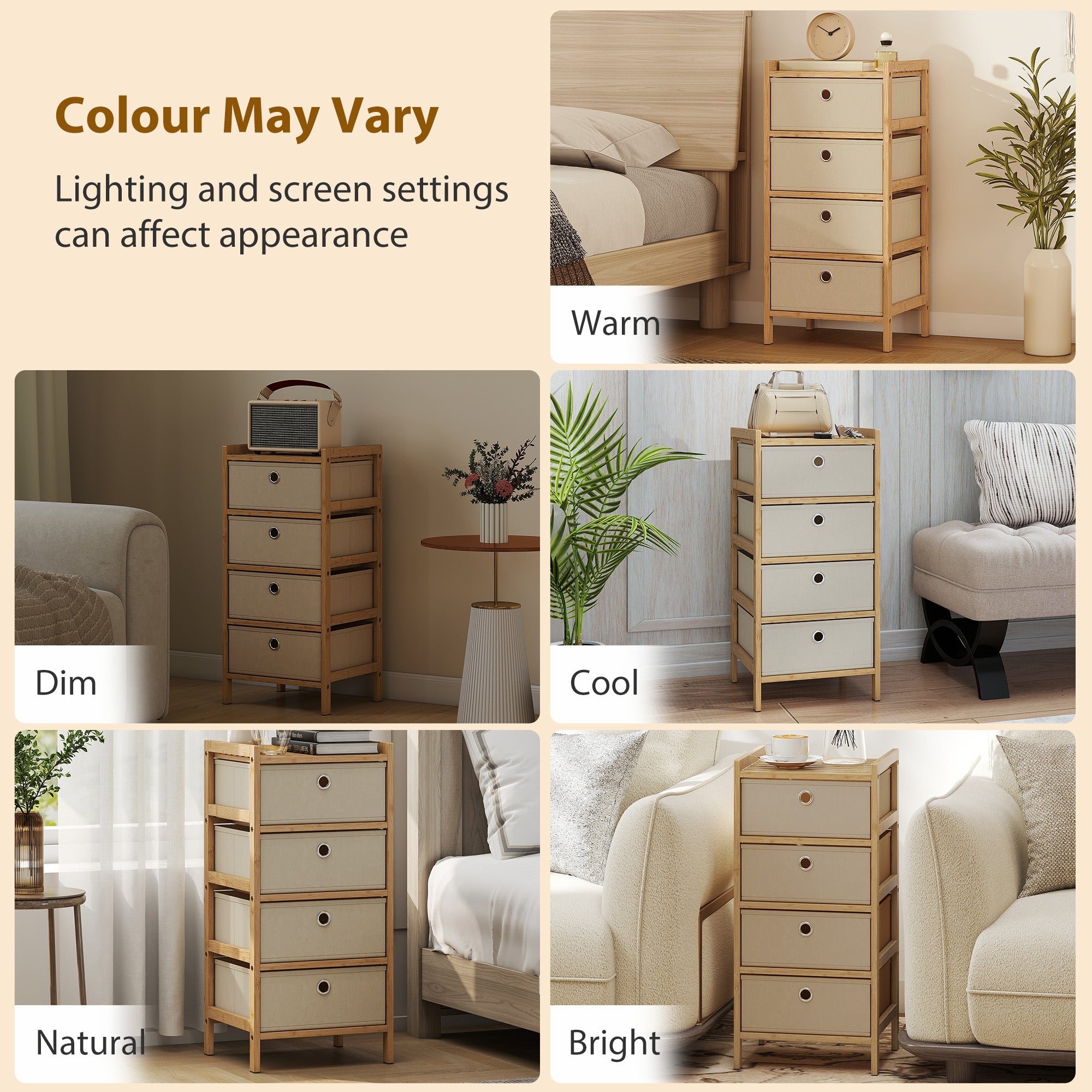 Homcom chest of drawers with four fabric drawers and bamboo frame in cream white for narrow storage space
