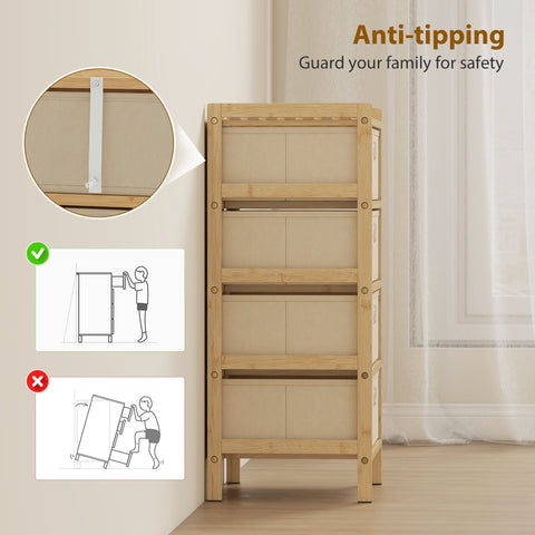 Homcom chest of drawers with four fabric drawers and bamboo frame in cream white with white anti-tip bracket