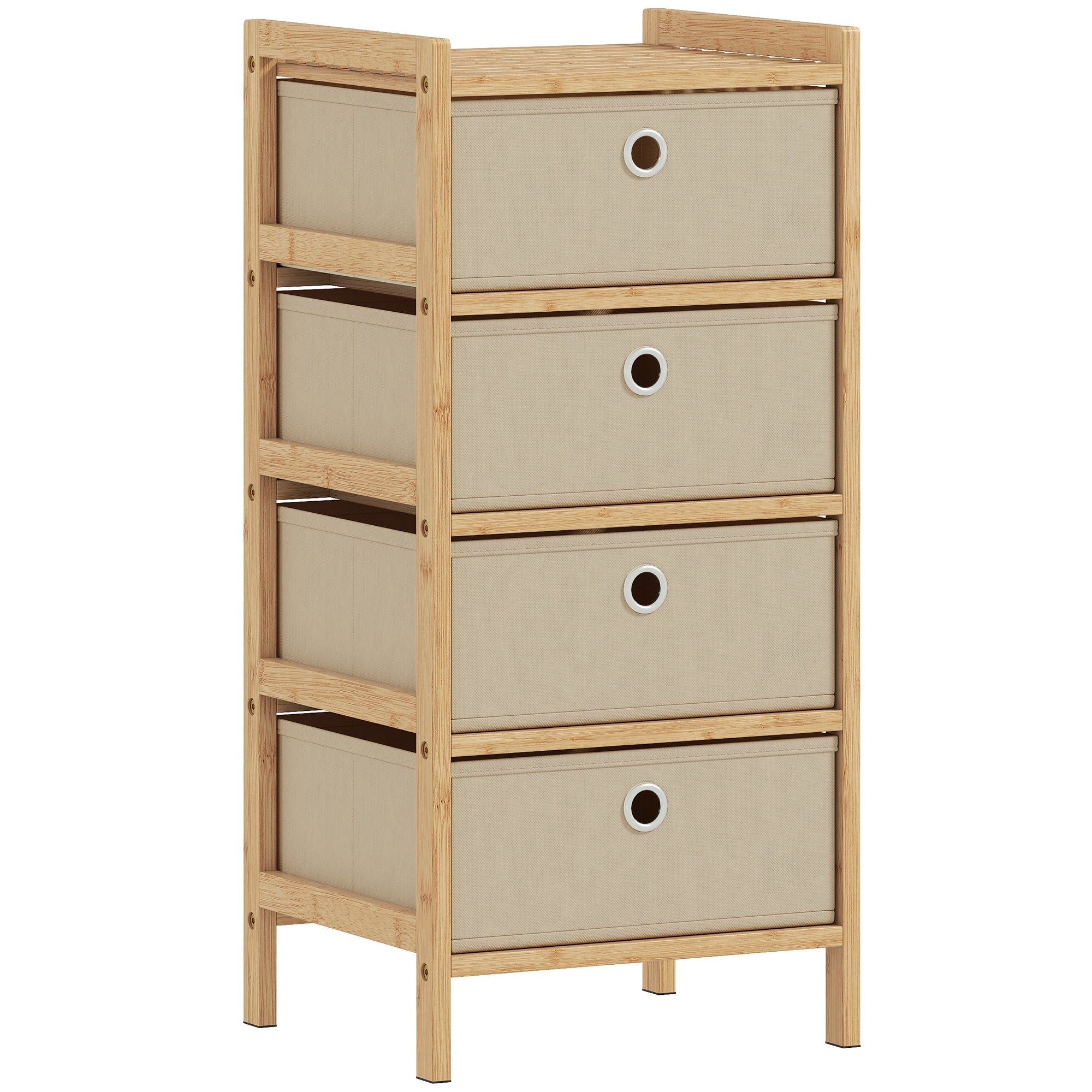 Homcom chest of drawers with four beige fabric drawers and circular white pulls in a light bamboo frame cream white