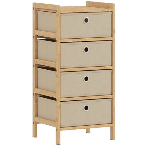 Homcom chest of drawers with four beige fabric drawers and circular white pulls in a light bamboo frame cream white