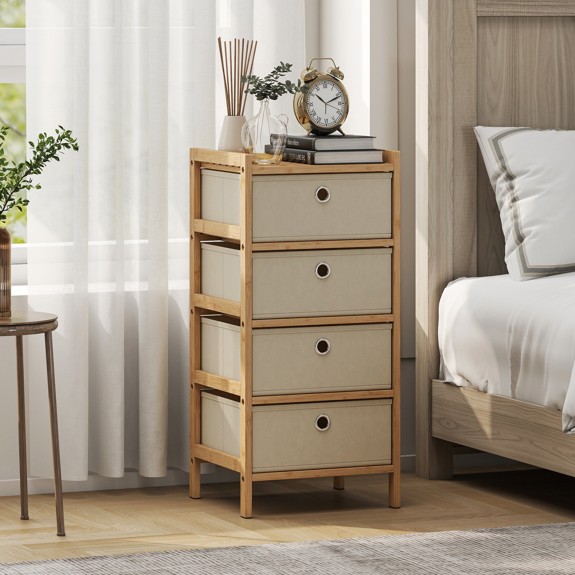 Homcom chest of drawers with four fabric drawers beige cream white fabric drawers and bamboo frame narrow dresser