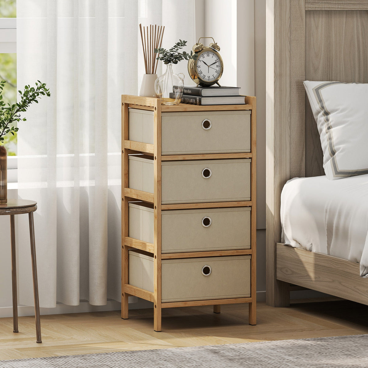 Homcom chest of drawers with four fabric drawers beige cream white fabric drawers and bamboo frame narrow dresser