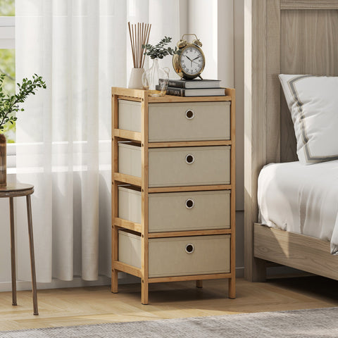 Homcom chest of drawers with four fabric drawers beige cream white fabric drawers and bamboo frame narrow dresser