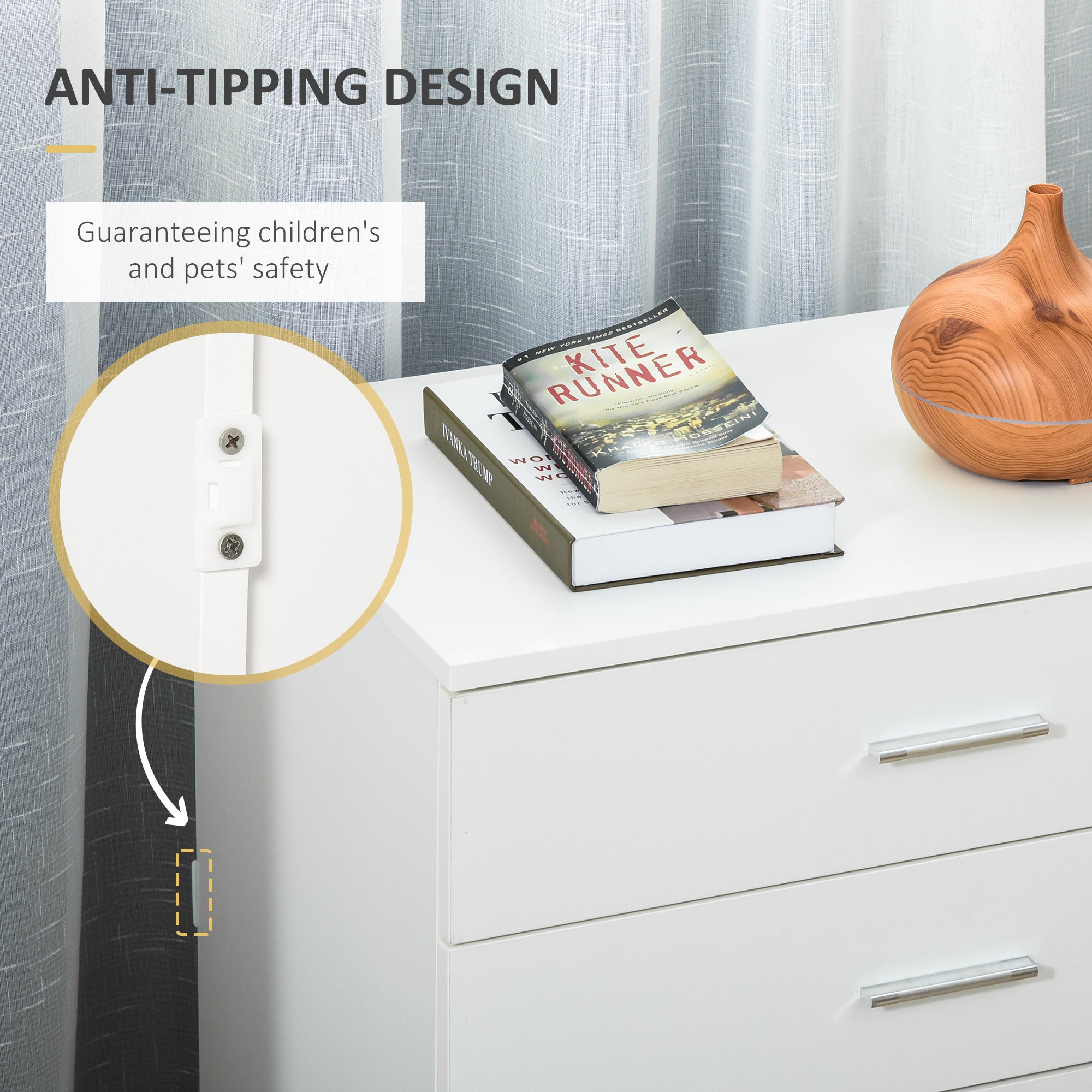 White homcom chest dresser with silver handles and anti-tip design for safe storage in playroom or nursery