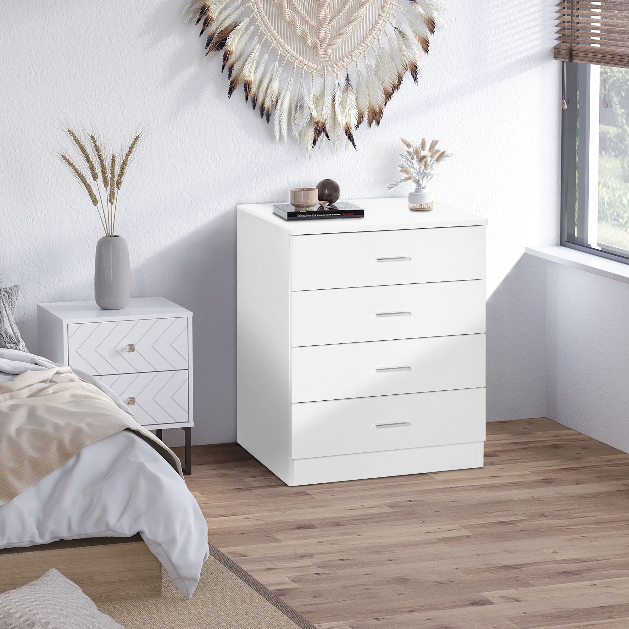 White homcom chest with 4 drawers metal rails and silver handles perfect for nursery playroom or hallway storage