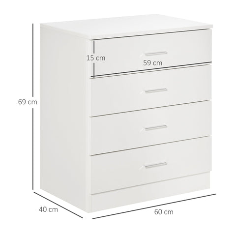 White glossy homcom chest of drawers with four silver handles metal rails and anti-tip for nursery playroom hallway
