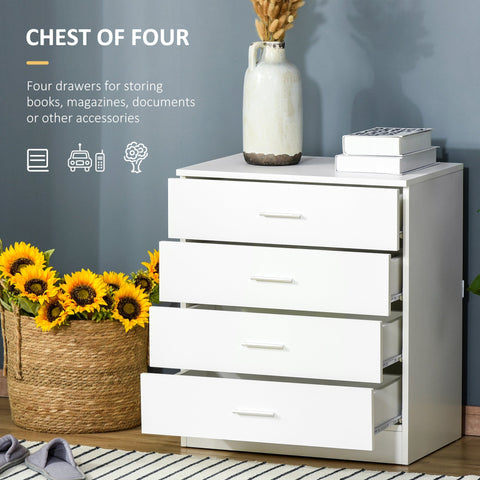 White homcom chest of drawers with four minimalist drawers and metal rails for safe storage in playroom or nursery