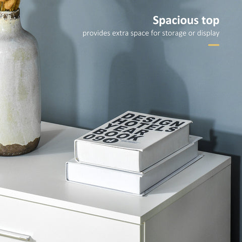 White faux leather design hotels year book stacked on homcom chest of drawers with metal rails and anti-tip features