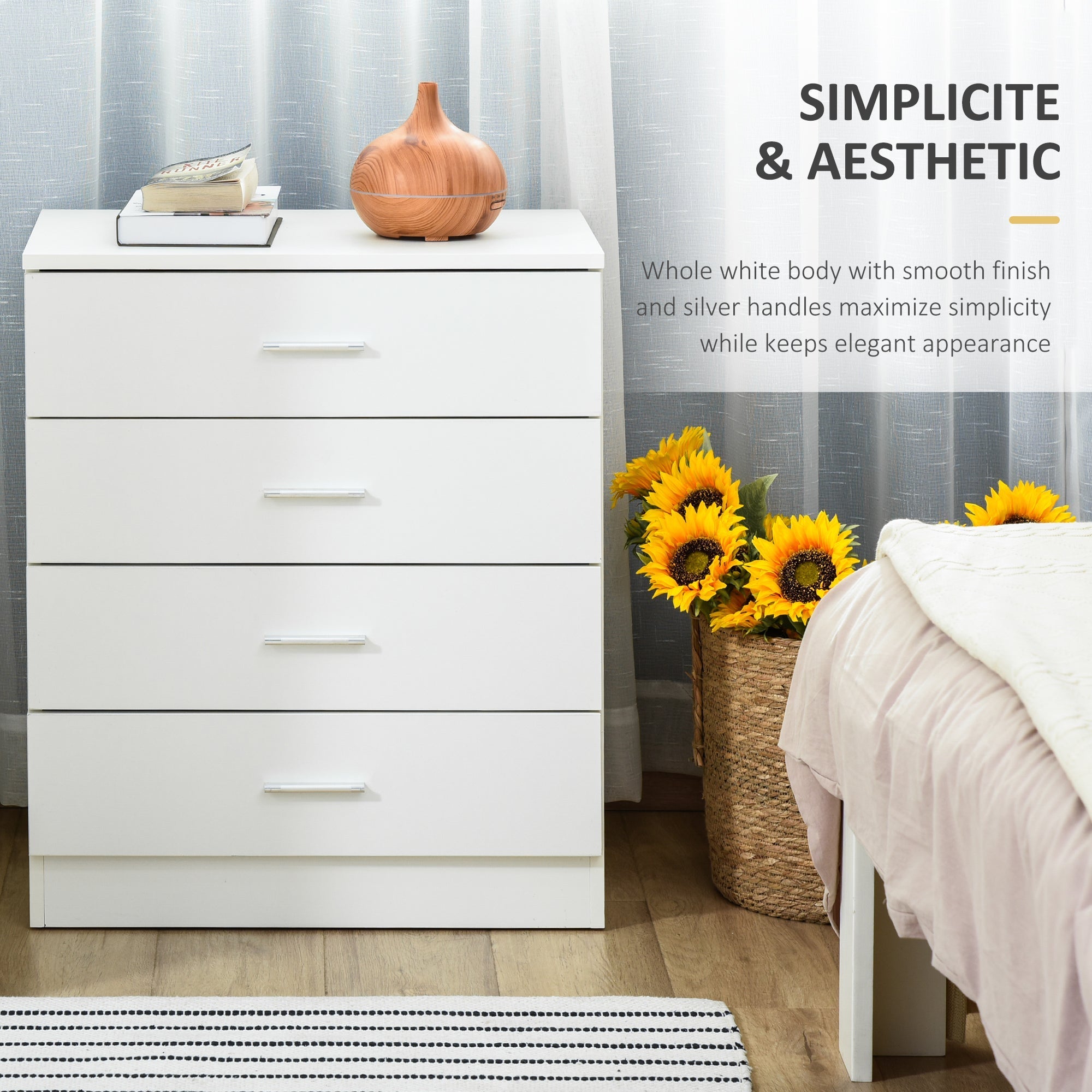 White homcom chest with four drawers metal rails silver handles smooth finish ideal for nursery or playroom storage