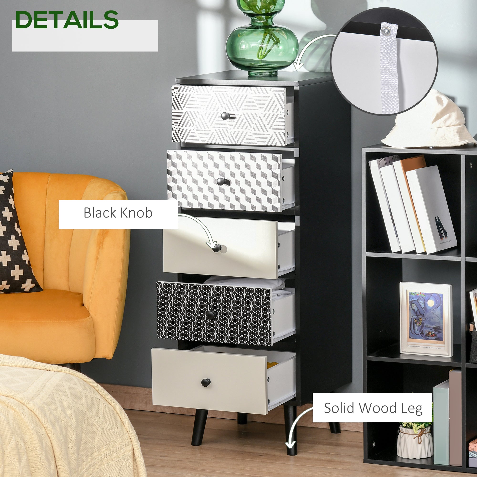 Homcom living room drawer dresser with five geometric-patterned drawers white gray and black with black knobs