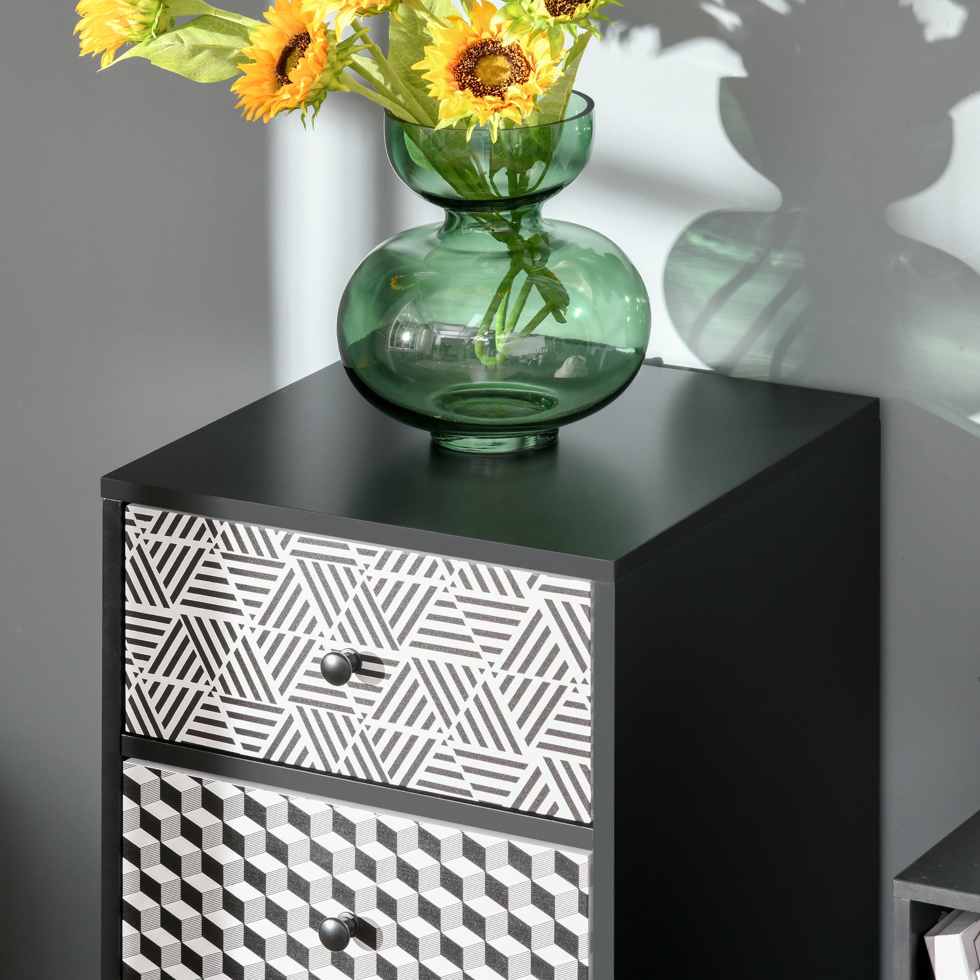 Homcom green glass vase with yellow sunflowers on a drawer dresser for living room vertical storage unit