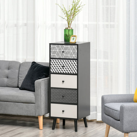 Modern gray and white patterned homcom drawer dresser with geometric fronts perfect for living room storage