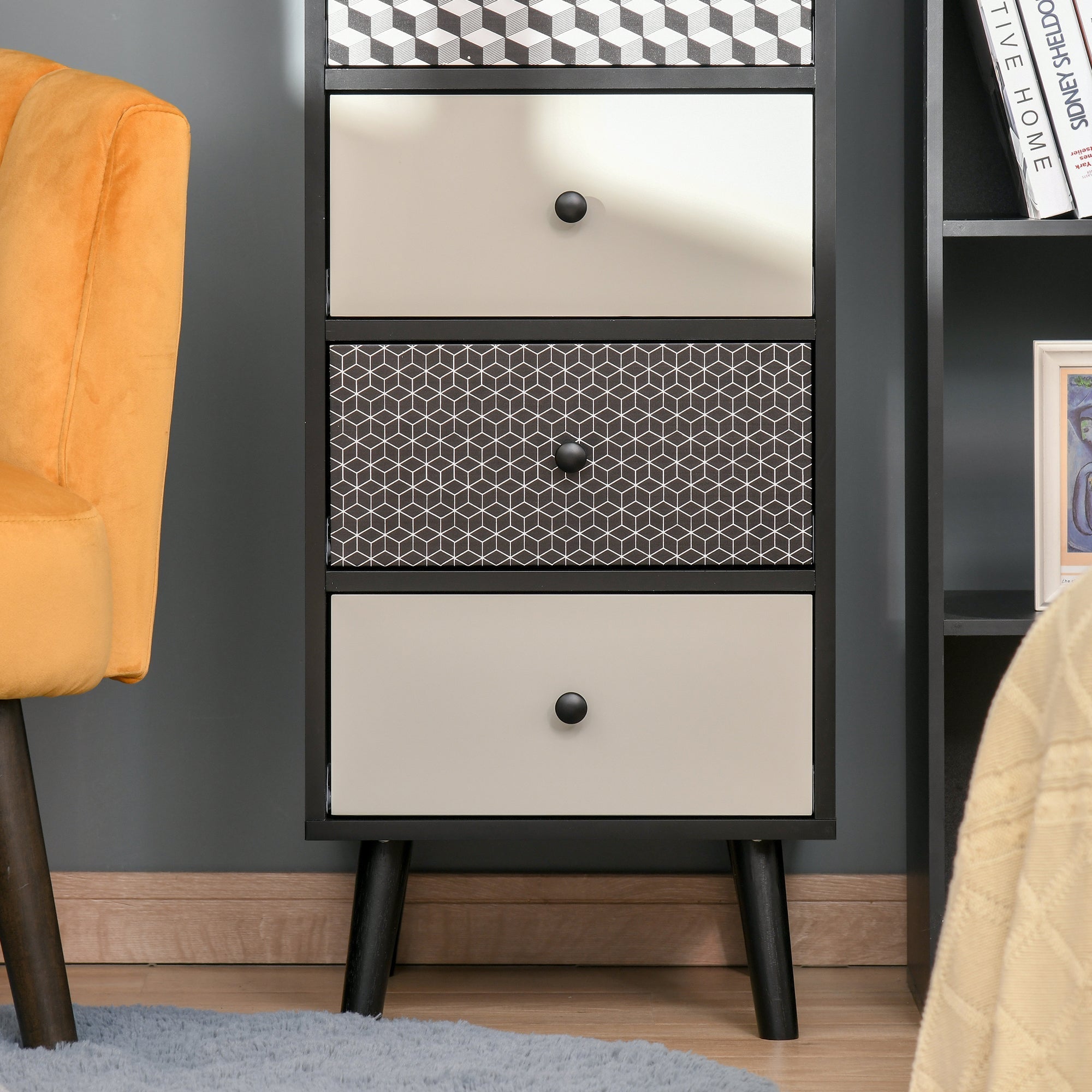 Homcom three drawer nightstand with black frame cream geometric drawers and sleek legs perfect for living room drawer dresser