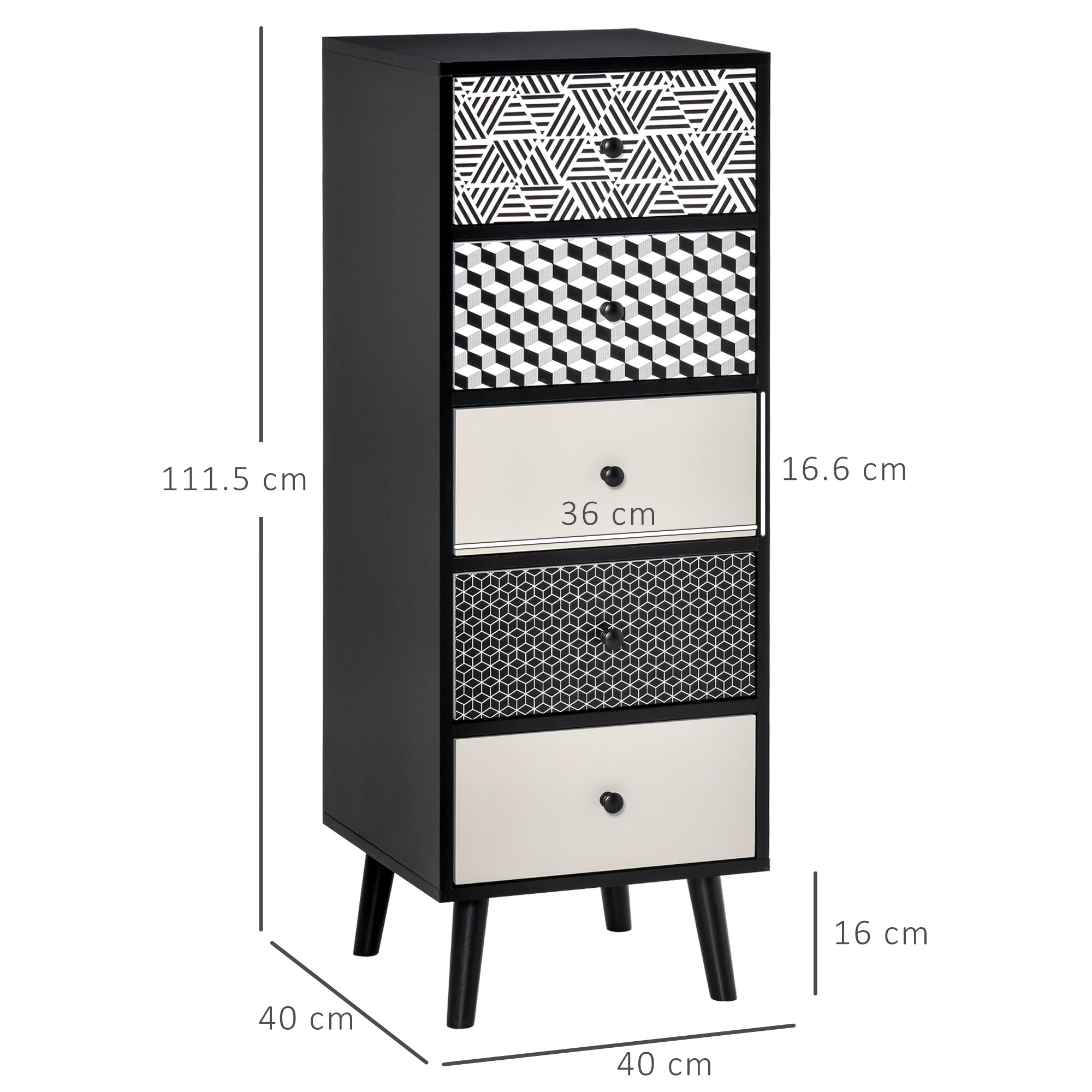Black and white geometric patterned homcom five drawer dresser with tapered legs for living room storage